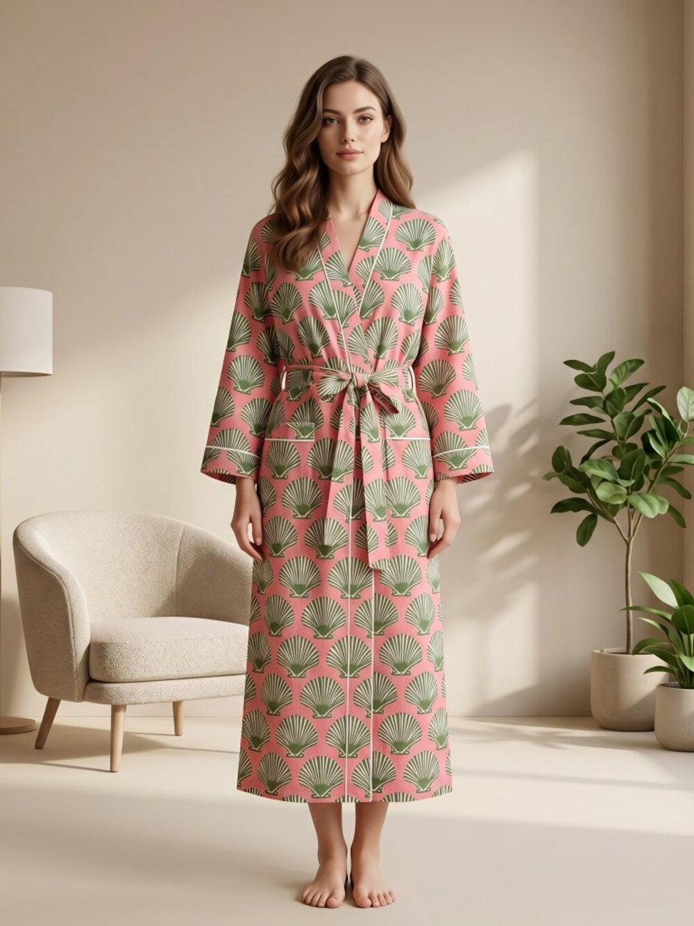 Floral Kimono Robe for Women – Handmade Cotton Lounge Robe, Boho Botanical Print